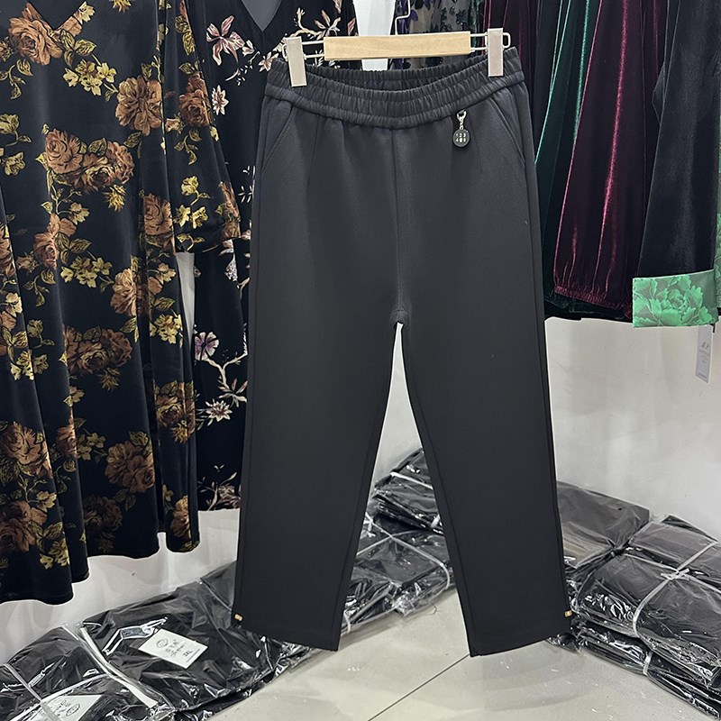 中年妈妈秋装新款松紧腰q直筒裤女2024年休闲直筒小脚运动裤咖啡