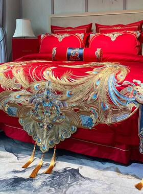 中式龙凤180S长绒棉提花四件套龙凤刺绣纯棉流苏红色被套床上用品
