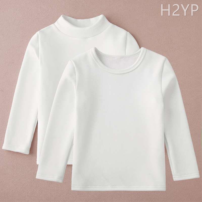 加绒儿童白色打底衫纯棉宝宝长x袖圆领t恤男 女童半高领加厚保暖