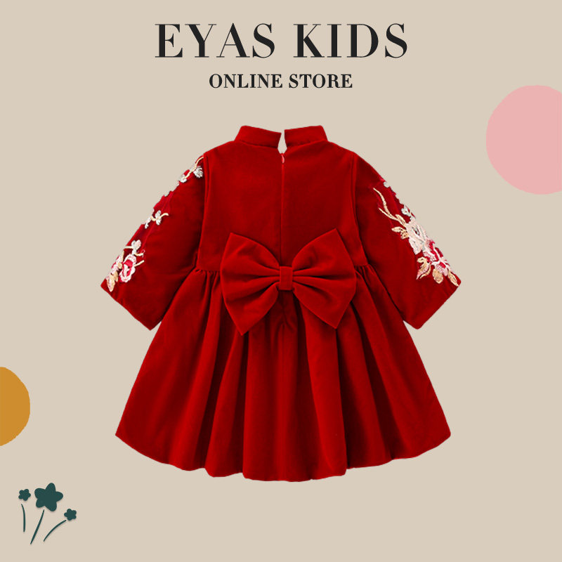EYAS女童加绒红色洋装2023秋冬新款纯色洋派百搭保暖旗袍裙