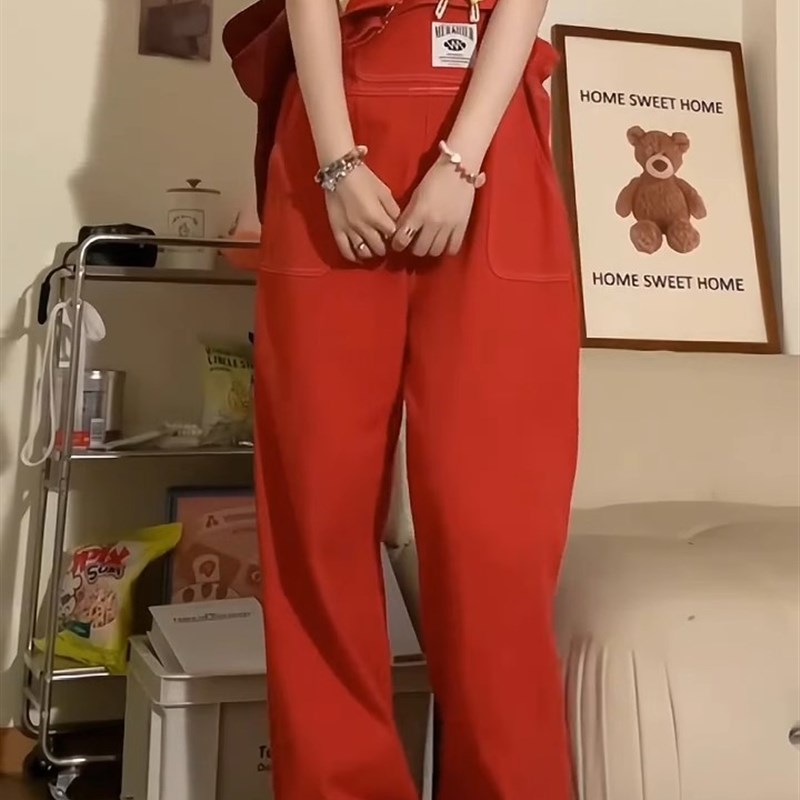 多巴胺穿搭复古红色牛仔抱婴袋裤女夏季设计感小众宽松显瘦连身长