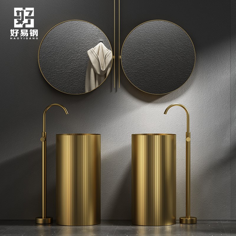 轻奢圆形不锈钢立柱盆一体落地式洗脸盆酒吧酒店卫生间洗手盆水池