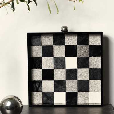 新品黑白马毛棋盘格托盘亚克力方形玄关桌面收纳盘首饰香薰摆件装