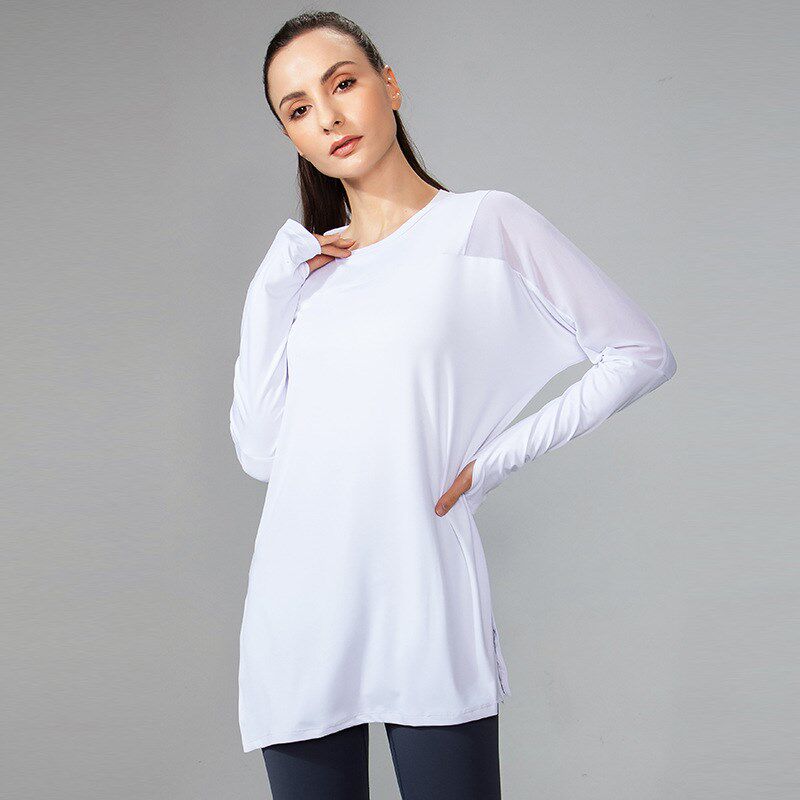 速干衣女网纱薄款指扣瑜伽服跑步运动T恤长袖宽松健身服女款上衣