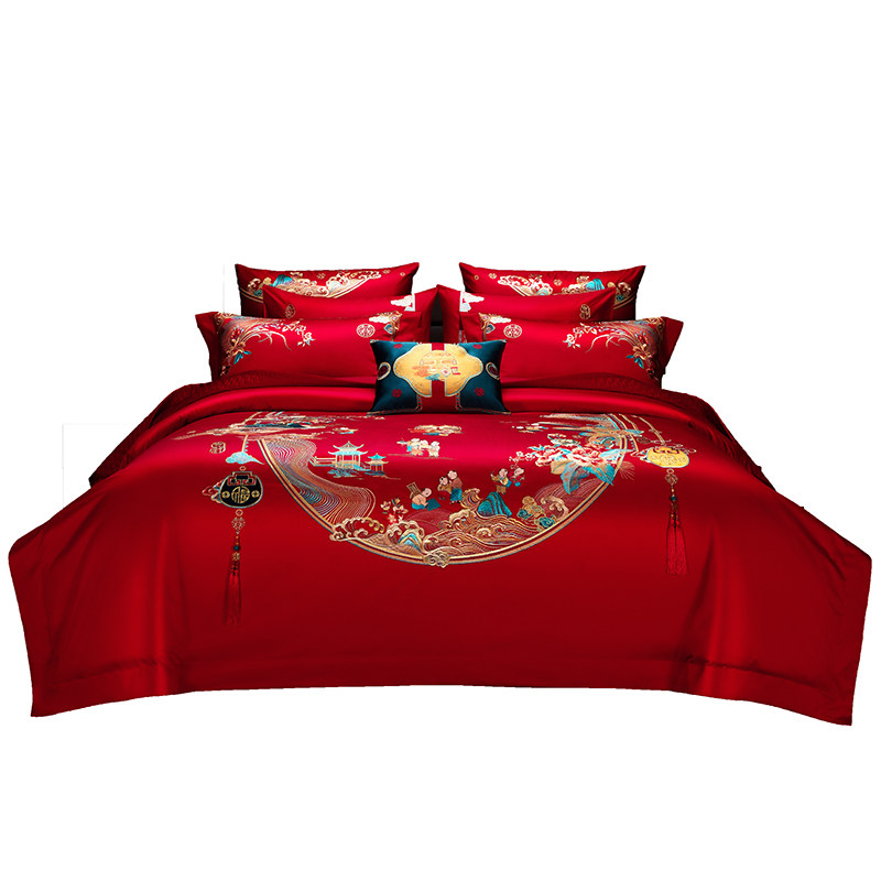 新中式刺绣百子图植物花卉结婚四件套奢华大红婚庆陪嫁床品,床上用品,婚庆床品套件,淘宝优惠券,粉丝福利购,淘宝优惠卷