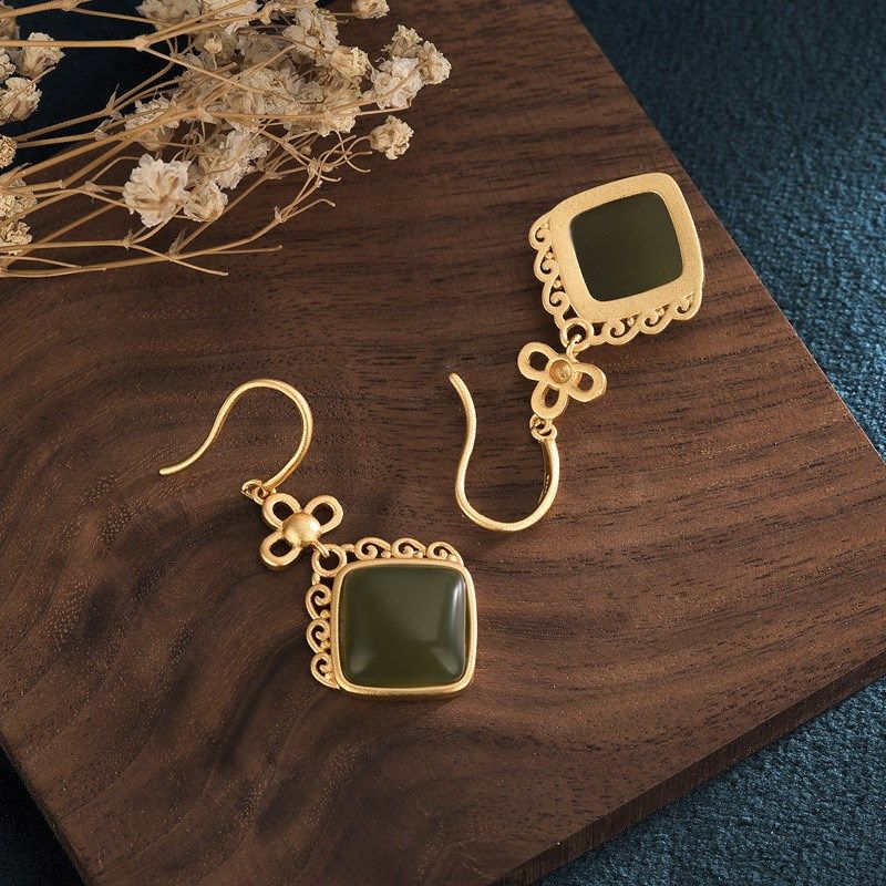 创意设计新款古法金和田玉百搭高档宫I廷简约时尚女耳环耳坠耳饰