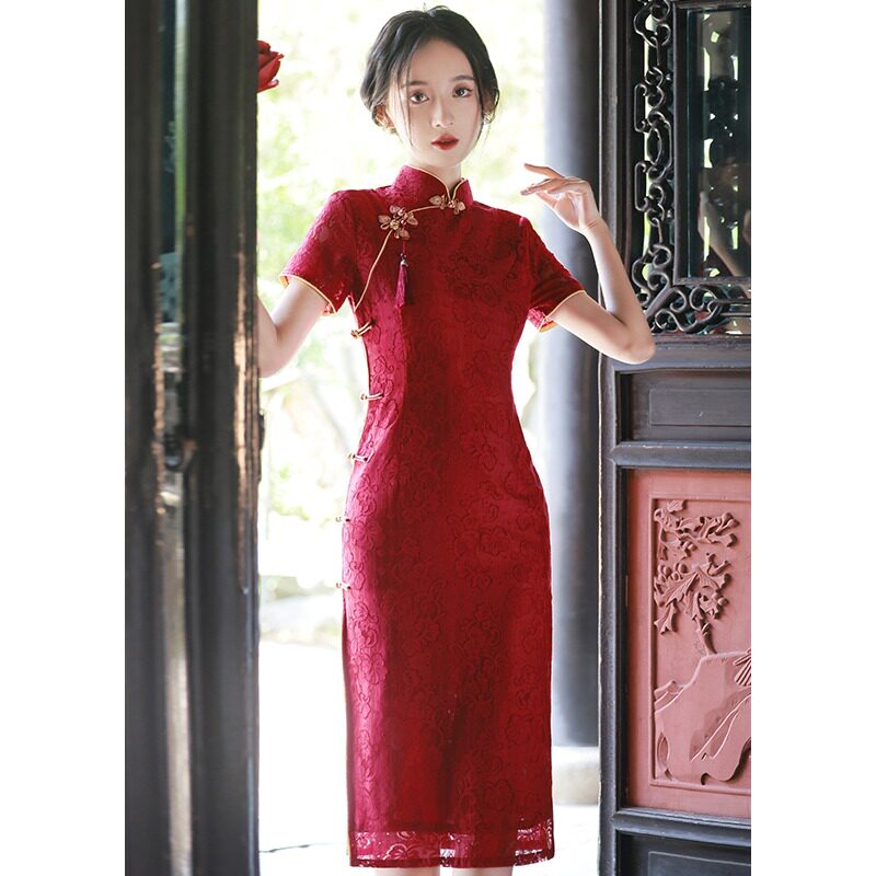工厂销酒红色中高考送考旗袍夏季新D中式订婚改良礼服女新娘回门