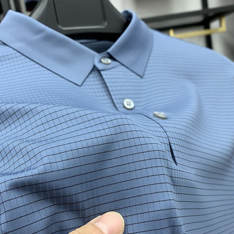 高端精选冰丝POLO衫男夏季薄款休闲免烫凉感半袖翻领格子短袖T恤