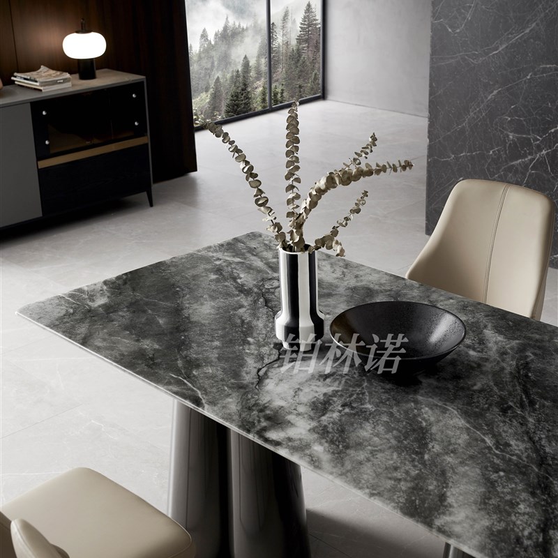 意式极简高级感长方形超晶石不锈钢家用简约餐桌椅现代轻奢岩板桌