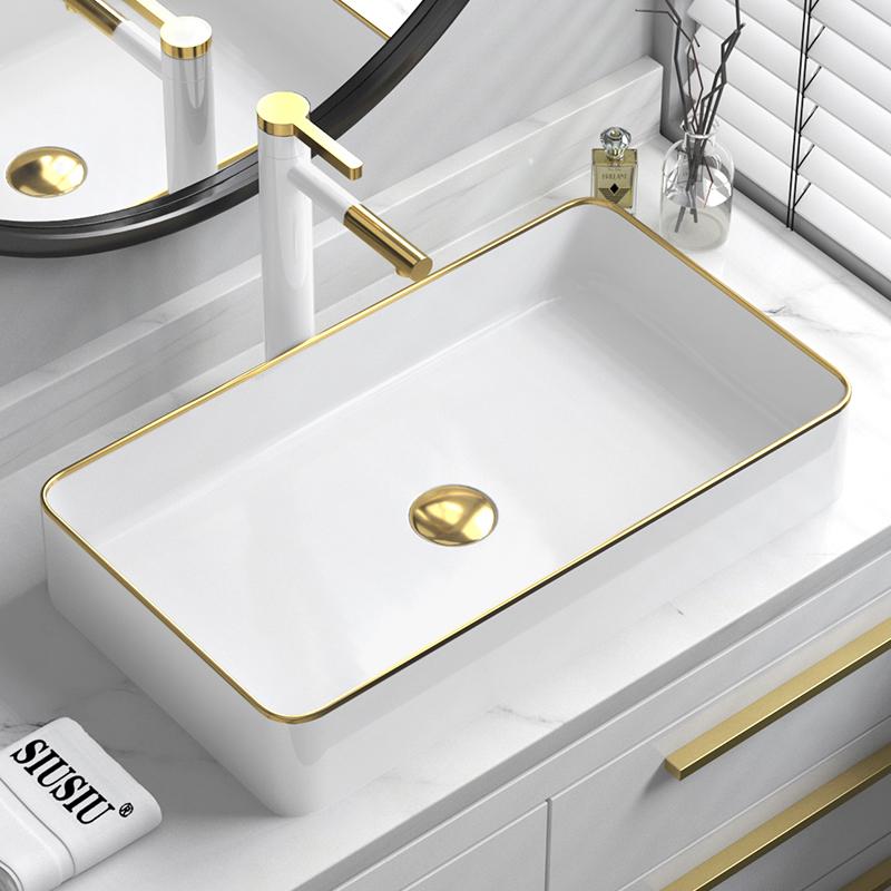 欧式台上盆金边艺术盆金色v洗脸盆长方形洗漱台卫生间陶瓷洗手池