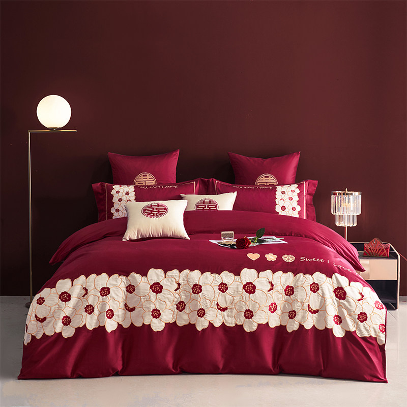 公主风120支长绒棉刺绣结婚四件套大红全棉简约婚庆房陪嫁礼床品4,床上用品,婚庆床品套件,淘宝优惠券,粉丝福利购,淘宝优惠卷