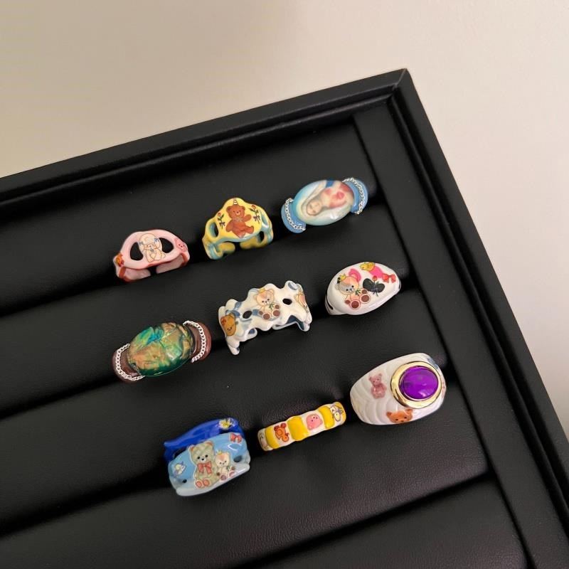 童趣戒指高级感小众设计滴油开口叠带个性拼色镶嵌情侣指环戒指