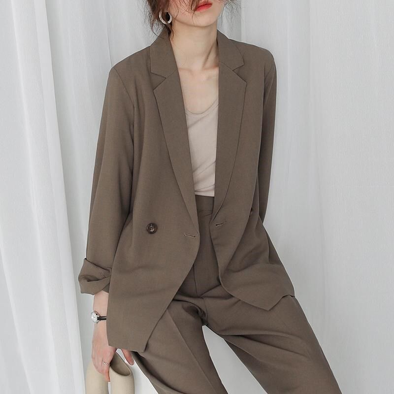 奶咖色西装套装女2024r春秋新款韩版休闲气质宽松职业OL西服两件