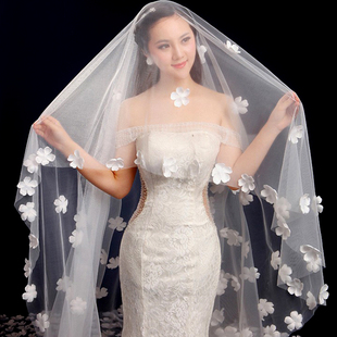 新娘结婚主婚照头纱超仙森头网红拍纱道具白色花朵拖尾长系纱