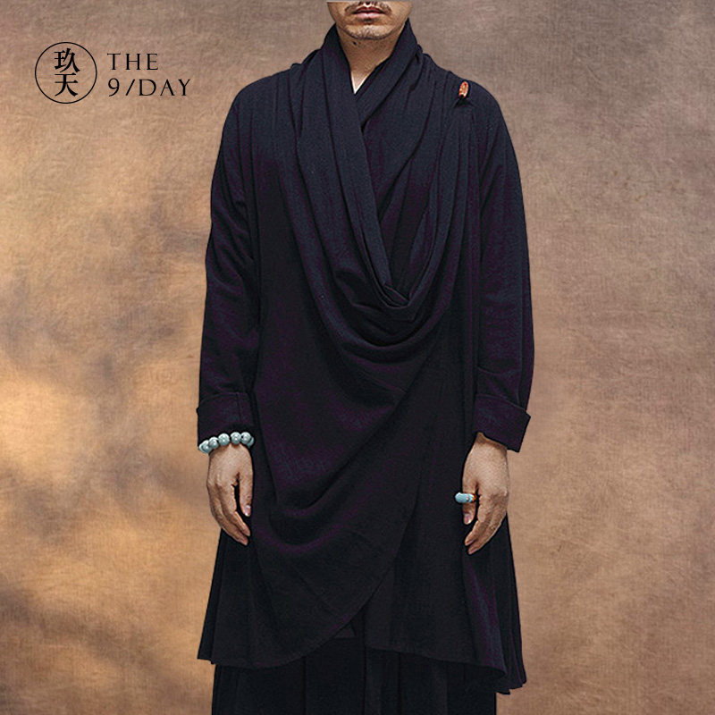 중국 스타일 남성 선 명상 평신도 정장 HANFU 면화와 린넨 I 옷 느슨한 긴 망토 민족 도교 의류