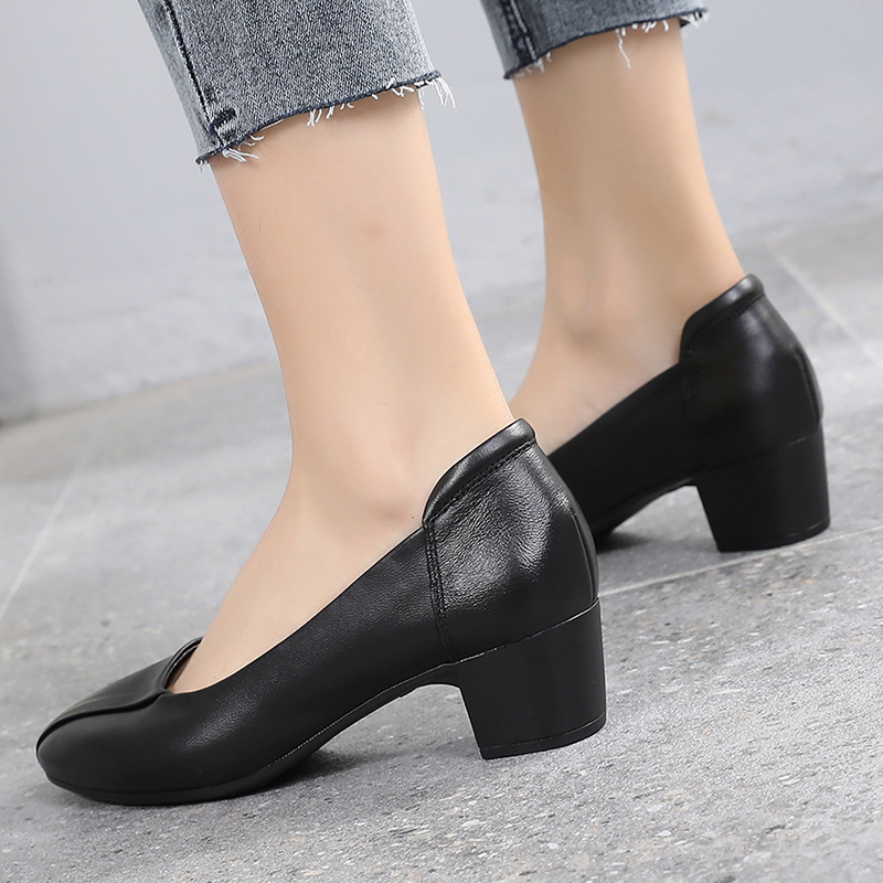 舒适工作鞋女黑色上班单鞋职业工装正装空姐中跟粗跟软底皮鞋春夏