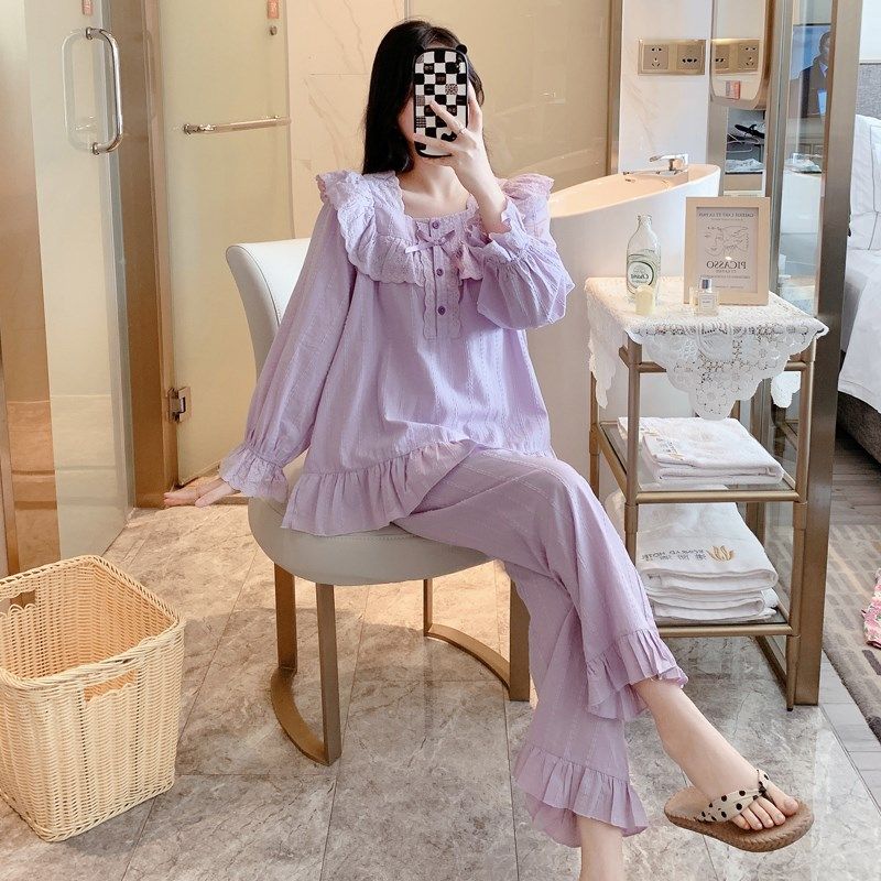 睡衣女春秋季甜美可爱公主风宫廷家居服套装紫色2024新款夏天