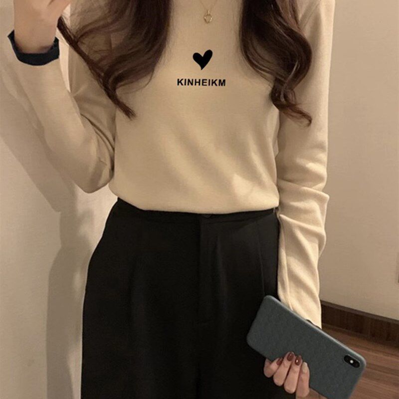 圆领长袖T恤女秋冬磨毛撞色印花宽松休闲L短款正肩内搭打底衫上衣