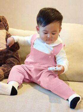 春秋韩版婴儿针织背带裤s男宝宝冬季兔尾巴加绒厚纯棉背带毛线裤