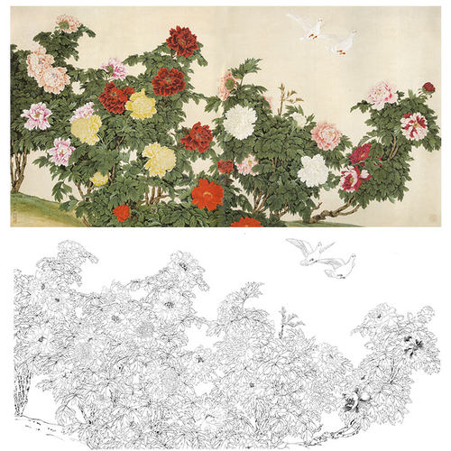 工笔画白描底稿花鸟牡丹双鸽图于非闇勾线实物打印稿尺寸可选YF91