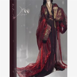 新款红色蓝色战国袍汉服复原款马山楚墓直裙古装大放量拖尾织金