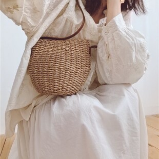 日系 文艺度假风手工草编单肩斜跨小包有拉链斜挎百搭小包