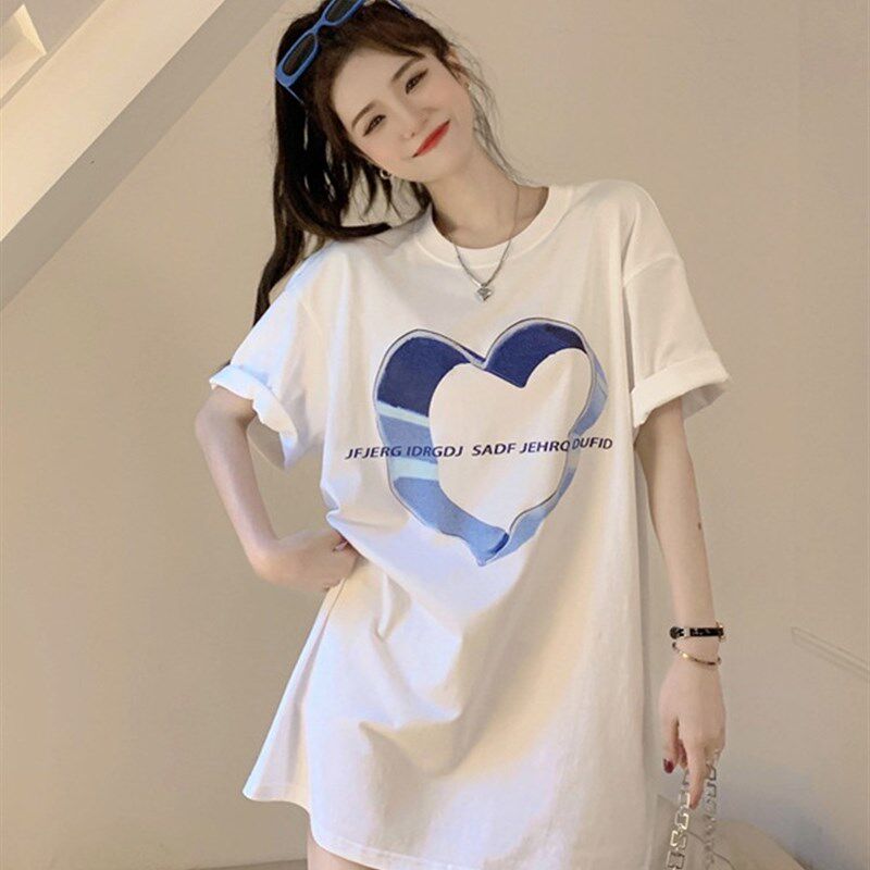 潮牌设计感爱心印花中长款短袖T恤女夏宽松韩版大码纯棉体恤上衣