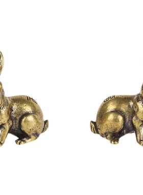 古玩铜器微雕复古纯黄铜实心生肖小兔子家居茶宠小摆件手把件一对