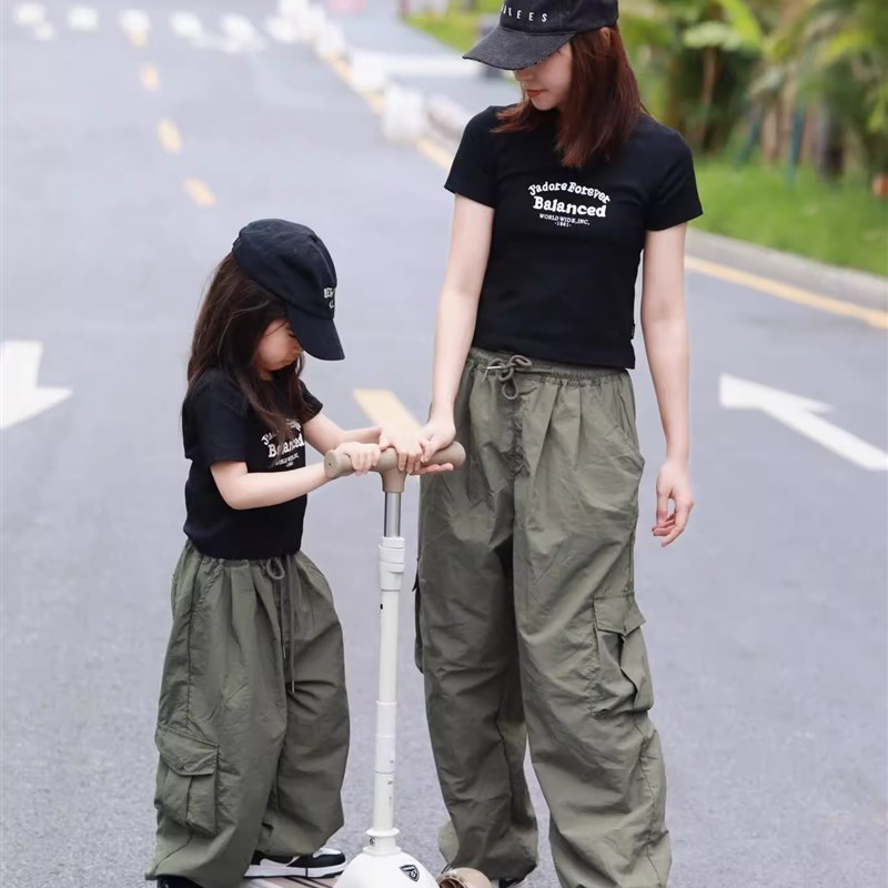 高货现货速发高级感炸街亲子装母女工装裤套装时髦洋气高端纯棉t