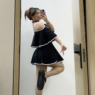 钢托温泉度假泳装 女200斤可穿显瘦遮肉荷叶边连体平角裤 泳衣 大码