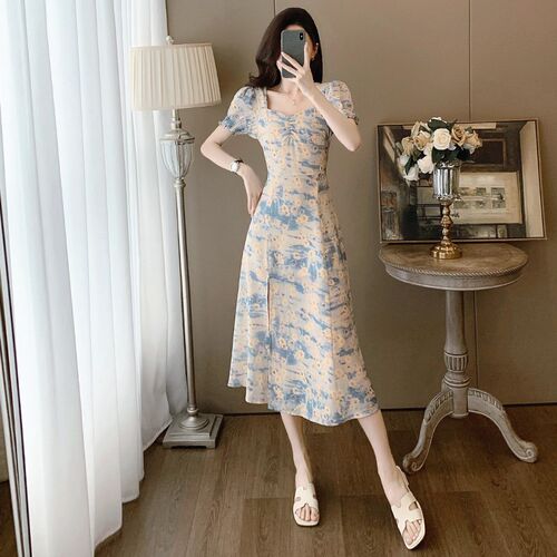 2025夏装新款短袖碎花雪纺连衣裙女甜美气质显瘦中长款开叉休闲裙
