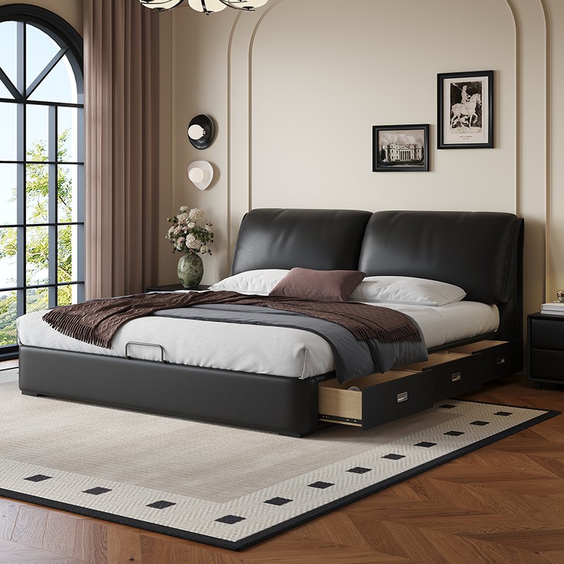 大象耳朵黑色真皮床现代简约主卧1.8米x2米双人婚床高箱储物床
