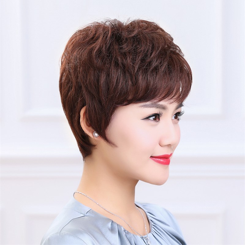 假发女短发送妈妈中老年真发头套卷发发套女士圆脸斜刘海网红发型