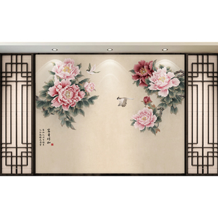 牡丹壁布古典花鸟国画墙纸客厅电视背景墙壁纸新中式墙布花开富贵