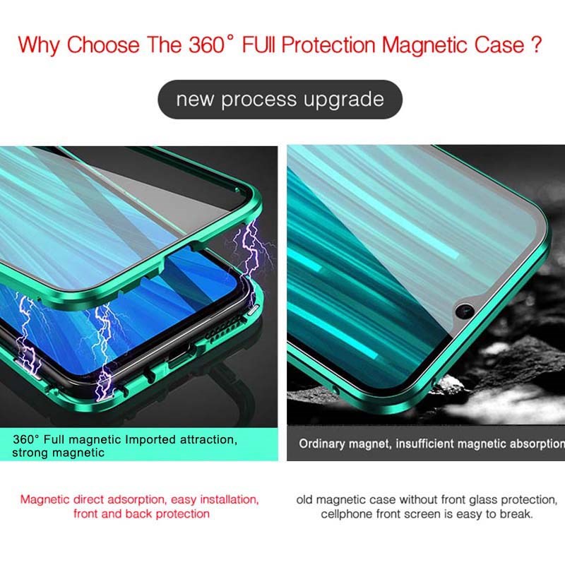 360 Magnetic Metal Glass Case  Xiaomi Redmi Note 9 8 7 K20 P