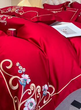 180支婚庆四件套红色床单全棉被套结婚陪嫁床上用品婚房4