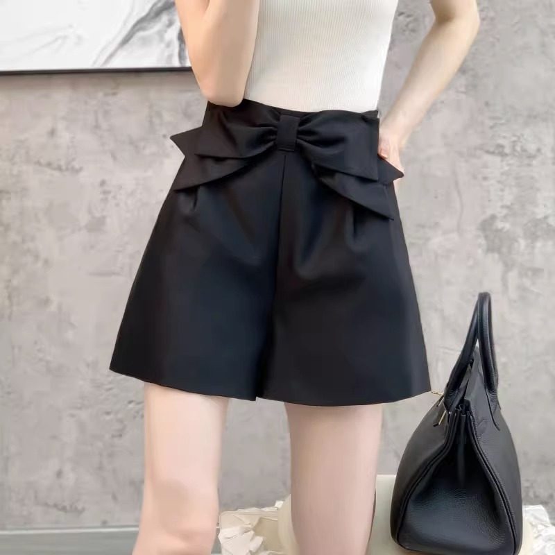 黑色阔腿短裤女夏2024新款时尚设计感蝴蝶结高腰显瘦休闲a字裤子