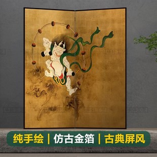 定制日式中古手绘仿古金银箔屏风折叠移动隔断客厅酒店茶室背景墙