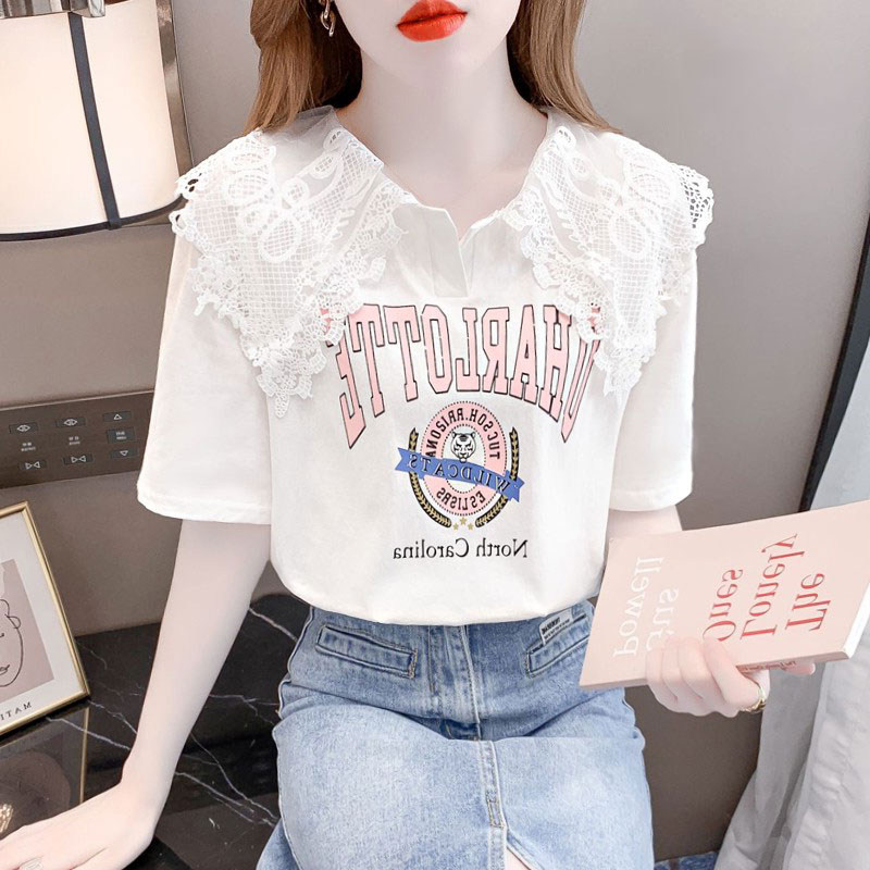 韩国白色短袖T恤女夏季新款设计感小众娃娃领洋气印花小个子上衣