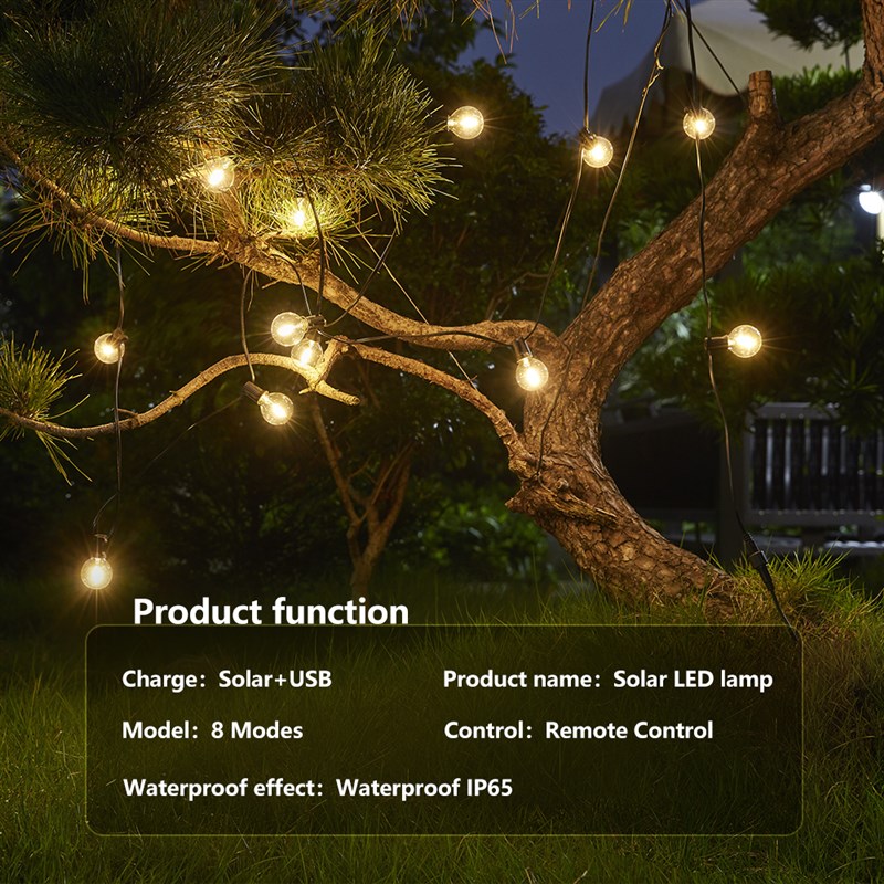 推荐G40 Solar String Outdoor USB Patio LED Lights, 8 Light