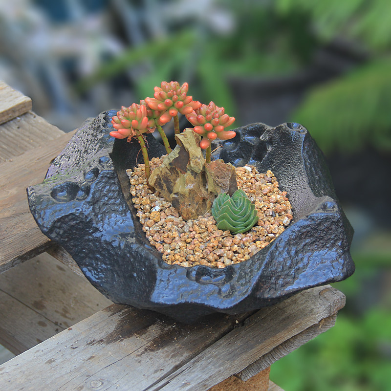 高端异形盆仿铁锈色精品粗陶瓷造景多肉石头造型客厅创意花盆简约