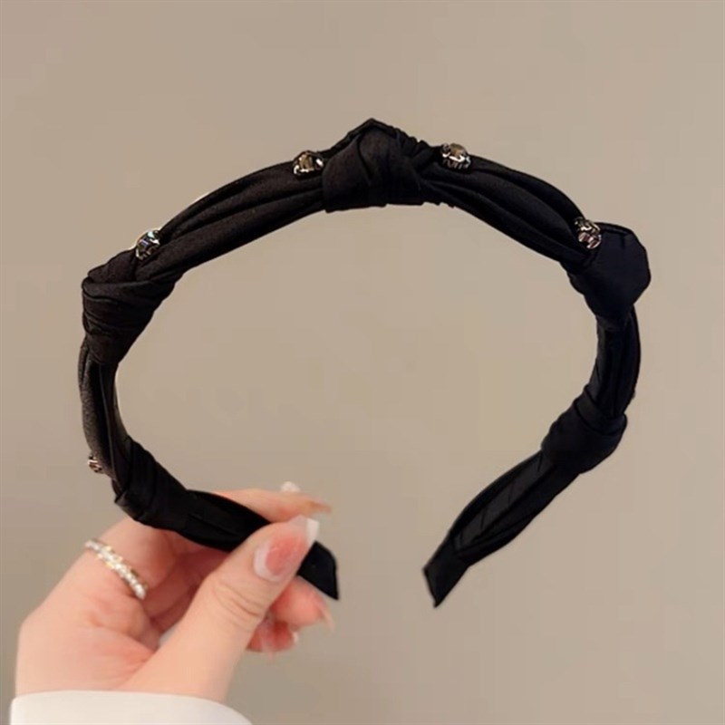 赫本风~复古法式黑色缎面打结发箍小众高级感复古高颅顶镶钻头箍