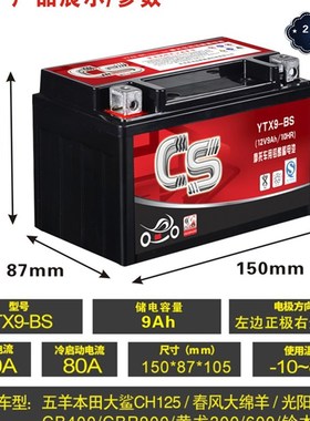 CS摩托车电瓶YTX9贝纳利金鹏502银刃250/302S黄龙600/300/幼师500