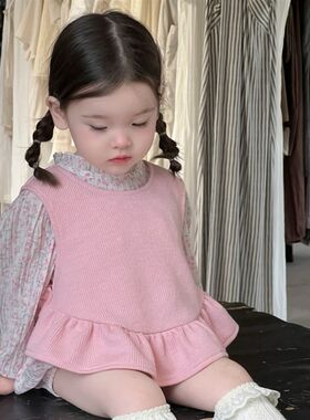 韩版婴儿衣服春秋冬装套装女宝宝洋气针织包屁衣外套两件套背带裤