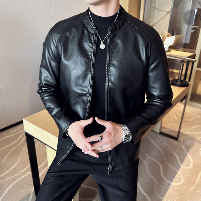 2023年春秋季PU皮立领短款皮衣韩版修身简约机车皮夹克潮男外套潮