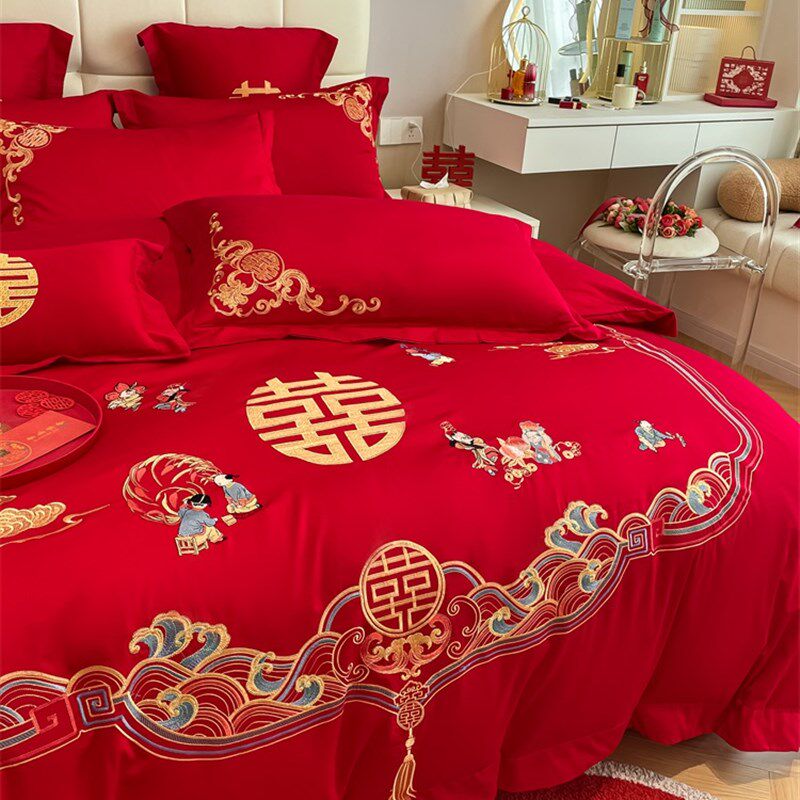 中式百子图刺绣结婚四件套红色床单被套喜被婚庆床上用品,床上用品,婚庆床品套件,淘宝优惠券,粉丝福利购,淘宝优惠卷