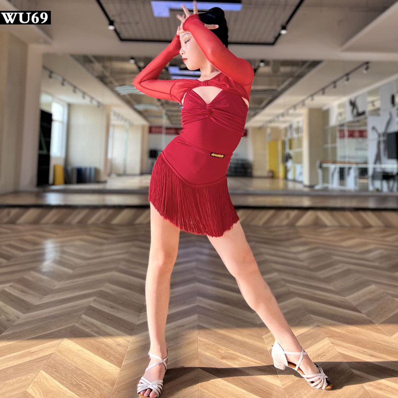 W69网红拉丁舞练功服女儿童表演服幼儿拉丁舞服装流苏裙红色