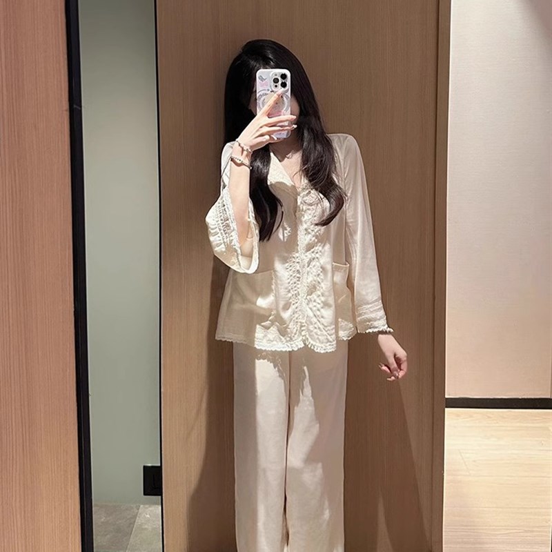 可爱甜美休闲f开衫长袖睡衣女春秋季新款大码家居服两件套装可外