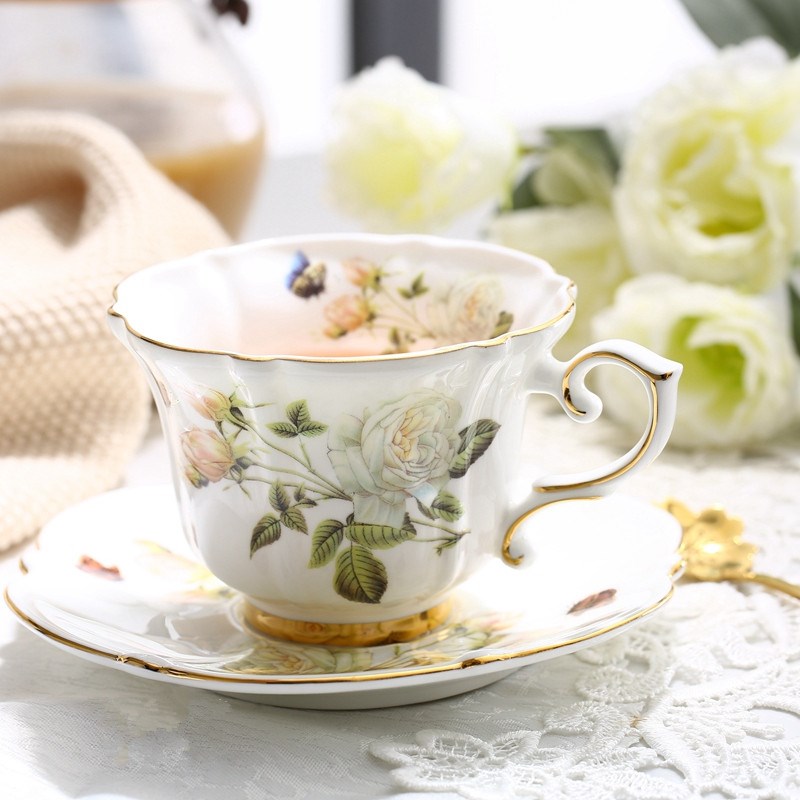 Fine Bone China Coffee Cup Sets White Rose Ceramic Tea Cups