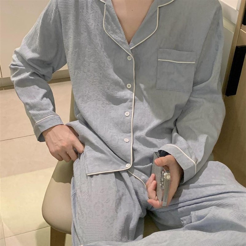 韩版情侣睡衣春秋款长袖提花甜美花边睡裙男女款家居服套装